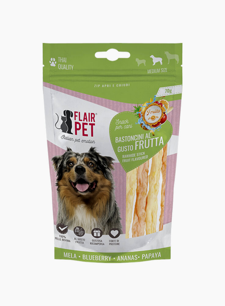 Flairpet Snack Bastoncini di pelle al gusto Frutta per cani 70gr taglia grande