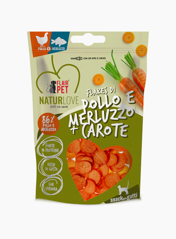 FLAKES DI POLLO E MERLUZZO CON CAROTE SNACK GATTO 45 Gr