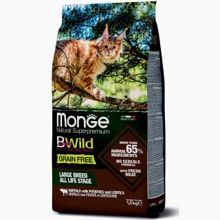 Monge BWILD Gatto GRAIN FREE All Life Stage BUFALO CON PATATE E LENTICCHIE Large Breeds 1,5Kg - gatto