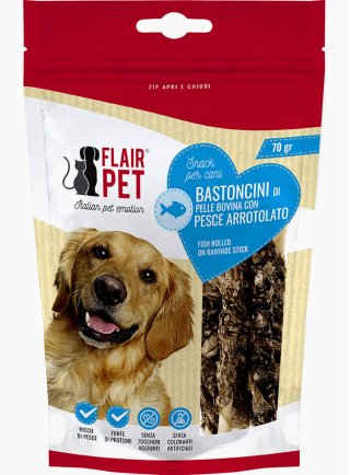 Flairpet Snack Bastoncini di Pelle Bovina con Pesce Arrotolato per cani 70g